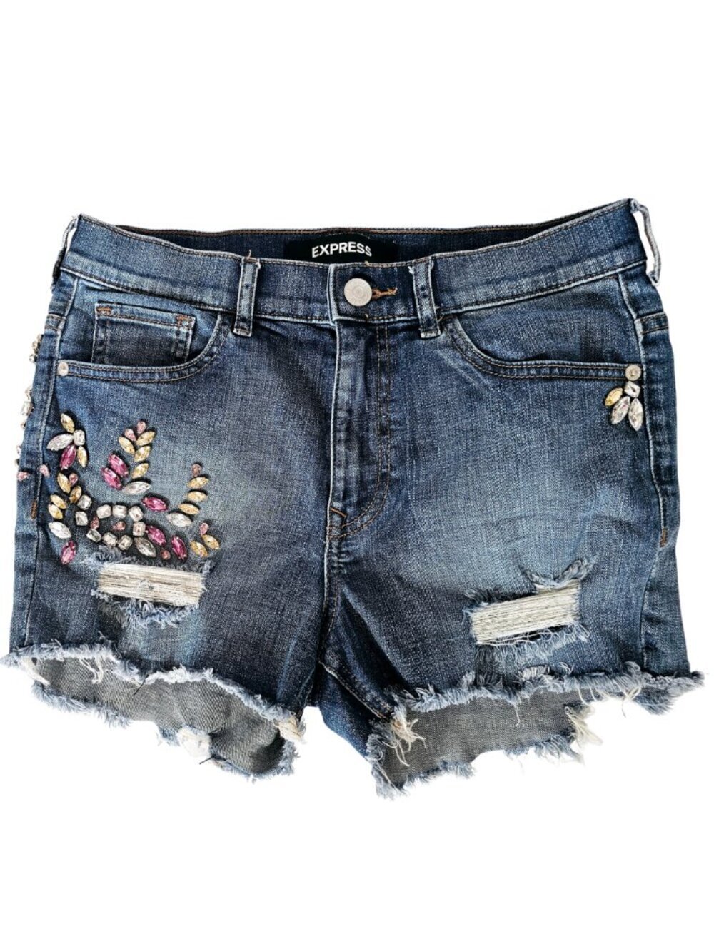Express High Rise Shortie Jeweled Shorts with Frayed Bottom, Size 2 - Picture 8 of 9